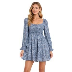 Blue B Collection Blue Floral Ruched Babydoll Mini Dress Long Sleeve Size M